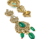 Gold Plated Green Womens Kundan Polki Necklace Set with Pair of Earrings & Maangtikka