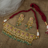 Gold Plated Green Womens Kundan Polki Necklace Set with Pair of Earrings
