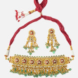 Gold Plated Green Womens Kundan Polki Necklace Set with Pair of Earrings