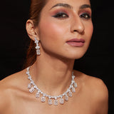 Rhodium Plated Zircon Studded Dangle Choker Necklace & Dangle Earrings Set