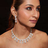 Rhodium Plated Zircon Studded Dangle Choker Necklace & Dangle Earrings Set