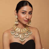 Gold Plated Kundan Polki Green Beads Bridal Choker Necklace & Jhumka Earrings Set