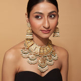 Gold Plated Kundan Polki Green Beads Bridal Choker Necklace & Jhumka Earrings Set