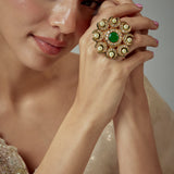 Saadgi Gold Plated Green Kundan, Polki Womens Ring
