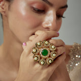 Saadgi Gold Plated Green Kundan, Polki Womens Ring