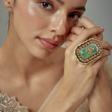 Saadgi Gold Plated Green Kundan, Polki Womens Ring