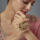 Saadgi Gold Plated Multicolored Kundan, Polki Womens Ring