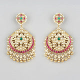 Gold Finish Red & Green Kundan Polki Chandbali Earrings