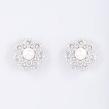 White Finish Zircon & Natural Pearl Stud Earrings