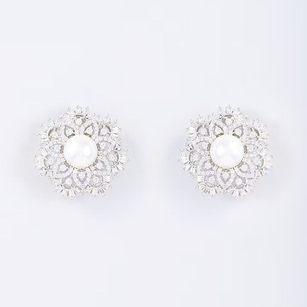 White Finish Zircon & Natural Pearl Stud Earrings