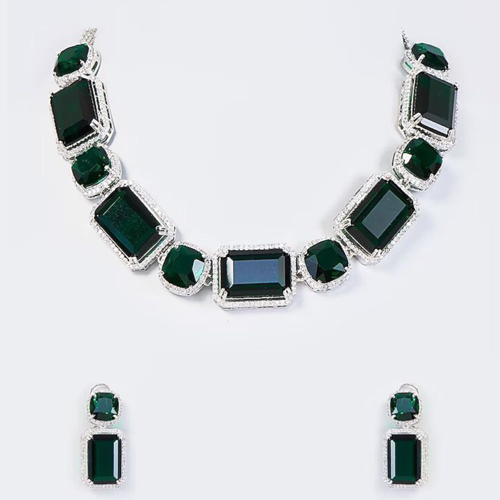 White Finish Emerald Synthetic Stone Necklace Set