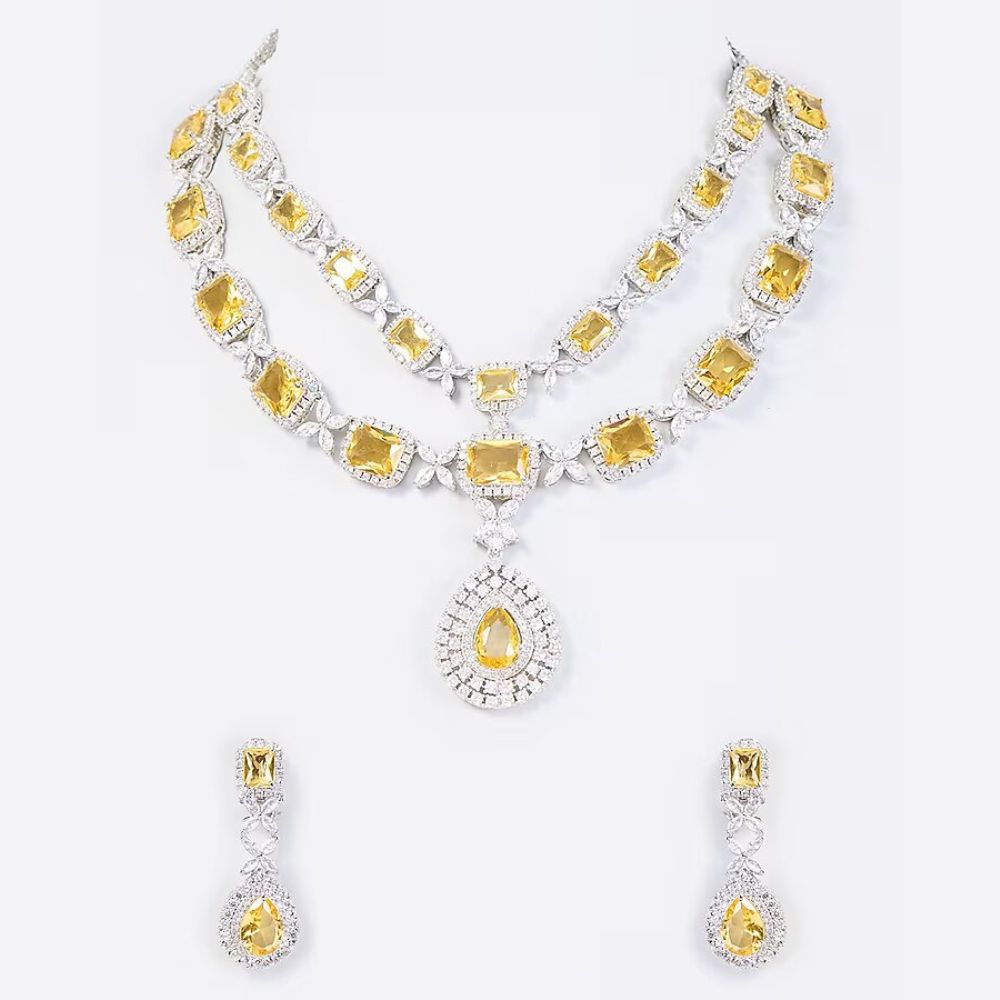 White Finish Yellow Emerald Synthetic Stone Necklace Set