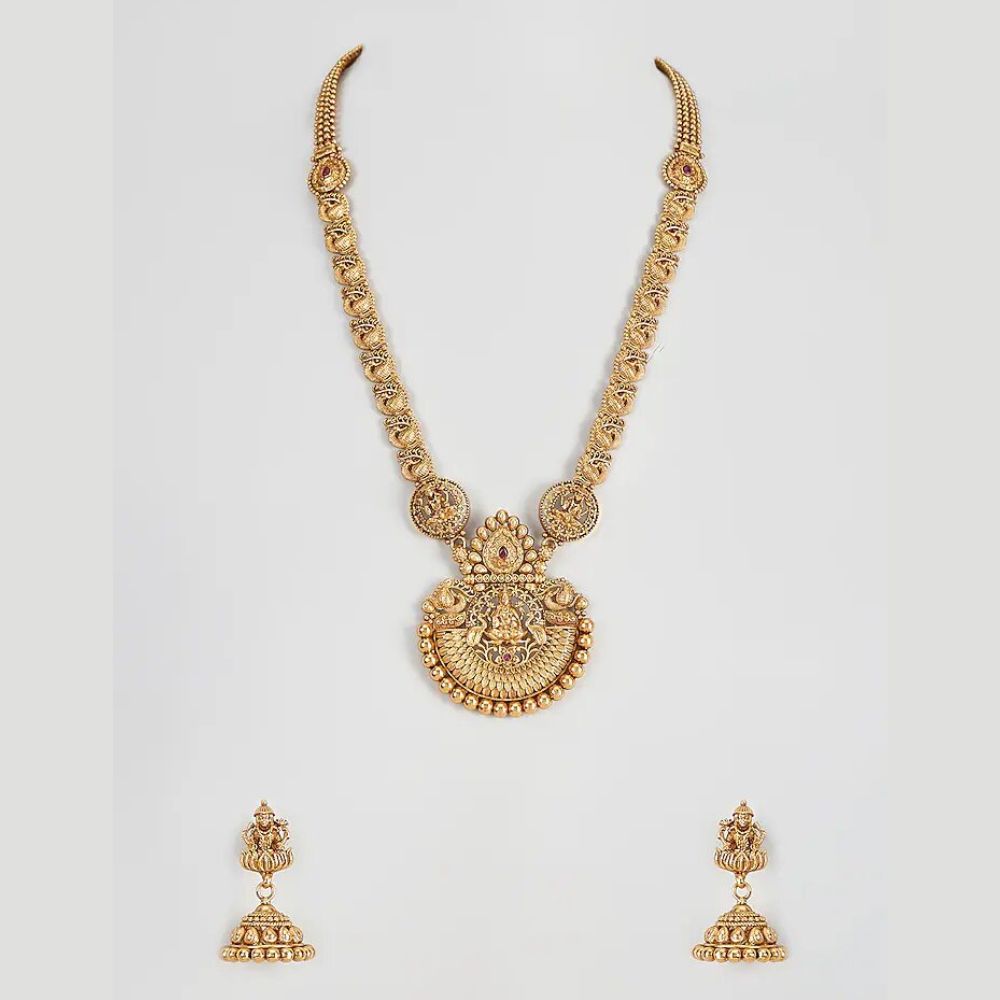Gold Finish Pearl Long Temple Necklace Set