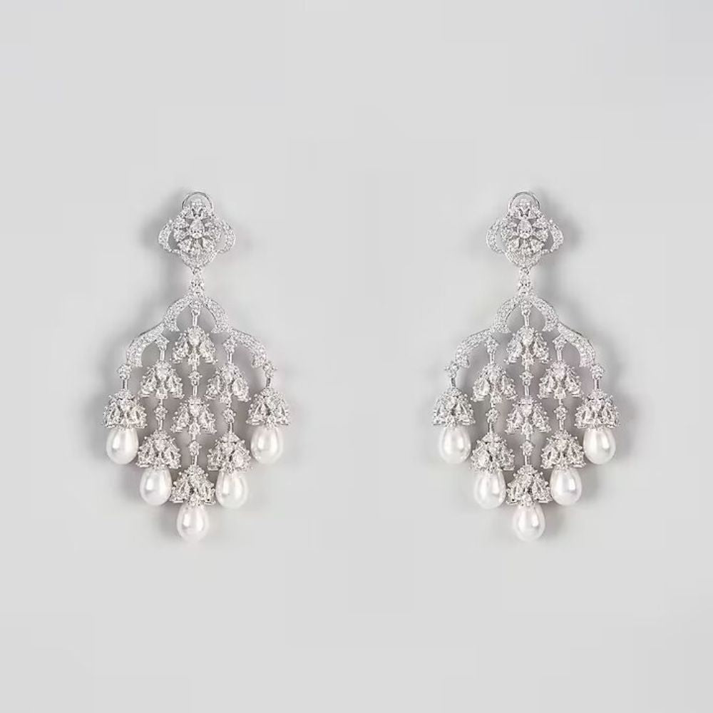 White Finish Zircon & Pearl Dangler Earrings