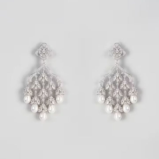 White Finish Zircon & Pearl Dangler Earrings