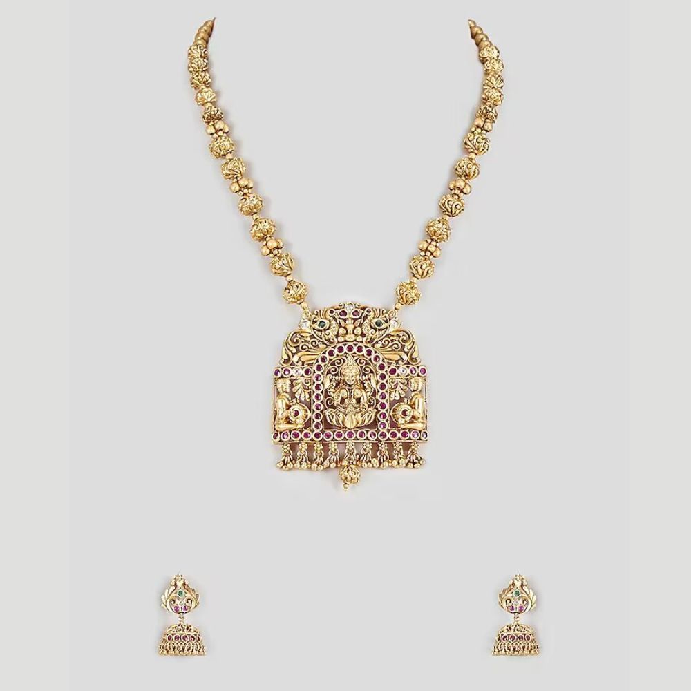 Gold Finish Red Synthetic Stone Long Temple Necklace Set