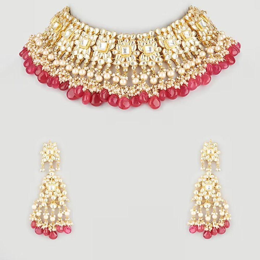 Gold Finish Kundan Polki Choker Necklace Set