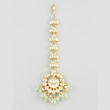 Gold Finish Light Green Beaded Mangtikka