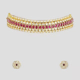 Gold Finish Red Kundan Polki & Red Stones Choker Necklace Set