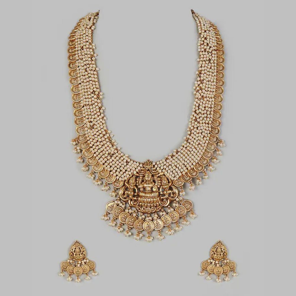 Gold Finish Long Temple with Pearls Necklace Set