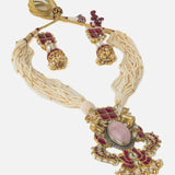 Gold Plated Red Womens Long Necklace Set with Pair of Earrings