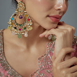 Saadgi Gold Plated Multicolored Kundan, Polki Womens Pair of Danglers Earrings (Freesize)