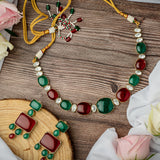 Florence Green & Red Womens Contemporary Choker Necklace Set with Pair of Earrings (Freesize)