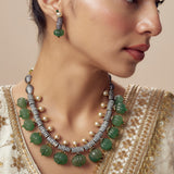Florence Green Womens Kundan, Polki Short Necklace Set with Pair of Earrings (Freesize)
