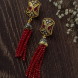 Gold Plated Red Womens Beaded Tassel Pair of Earrings