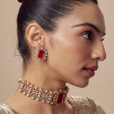 Florence Gold Plated Red Womens Kundan, Polki Choker Necklace Set with Pair of Earrings (Freesize)