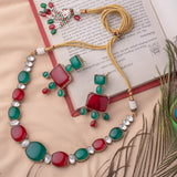 Florence Green & Red Womens Contemporary Choker Necklace Set with Pair of Earrings (Freesize)