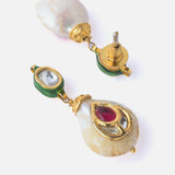 Gold Plated Red Womens Kundan & Polki Drop Pair of Earrings