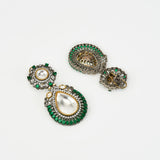 Burgundy Silver Plated Green Kundan, Polki Womens Pair of Drop Earrings (Freesize)