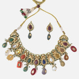 Gold Plated Multicolored Womens Short Necklace Set with Pair of Earrings