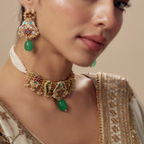 Morpankh Gold Plated Green Womens Beaded Choker Necklace Set with Pair of Earrings (Freesize)