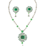 Zia Silver Plated Green Womens Zircon Long Necklace Set with Pair of Earrings (Freesize)