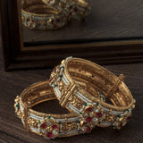 Gold Plated Red Colored Temple Womens Pair of Bangles