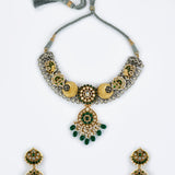 Morpankh Gold Plated Green Womens Kundan, Polki Short Necklace Set with Pair of Earrings (Freesize)