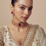 Florence Gold Plated Red Womens Kundan, Polki Choker Necklace Set with Pair of Earrings (Freesize)