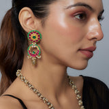 Morpankh Silver Plated Multicolored Womens Kundan, Polki Long Necklace Set with Pair of Earrings (Freesize)