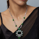 Zia Silver Plated Green Womens Zircon Long Necklace Set with Pair of Earrings (Freesize)