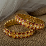 Gold Plated Red Womens Kundan, Polki Pair of bangles