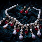 Florence Silver Plated Red Womens Pearl Short Necklace Set with Pair of Earrings (Freesize)