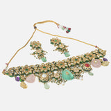 Gold Plated Multicolored Womens Choker Necklace Set with Pair of Earrings