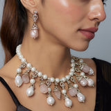 Florence Gold Plated Pink Womens Pearl Short Necklace Set with Pair of Earrings (Freesize)