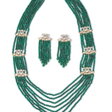 Gold Plated Green Womens Long Necklace Set with Pair of Earrings