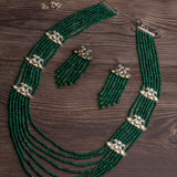 Gold Plated Green Womens Long Necklace Set with Pair of Earrings