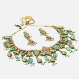 Gold Plated Multicolored Womens Short Necklace Set with Pair of Earrings
