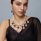 Florence Silver Plated Red Womens Pearl Short Necklace Set with Pair of Earrings (Freesize)