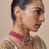 Antara Gold Plated Pink Womens Kundan, Polki Choker Necklace Set with Pair of Earrings (Freesize)